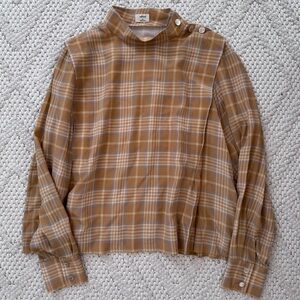 Aritzia Wilfred Silk Beige Plaid Mock Neck Blouse Top